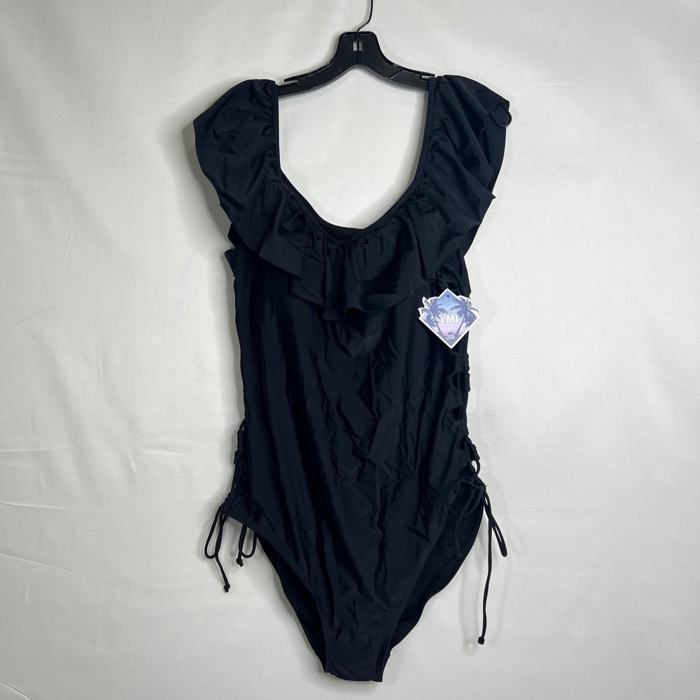 NEW Lace Up Black One Piece Swimsuit Womens 3X Ruffle Sexy Plus Size Beachwear - Picture 1 of 11